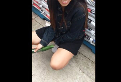 Horny asian masturbates with cucumber in the shop <!-- width=