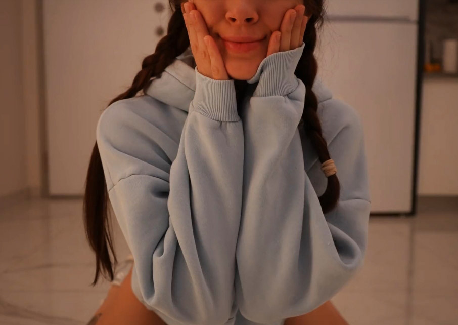 Busty girl with lovense toy masturbates in kitchen <!-- width=
