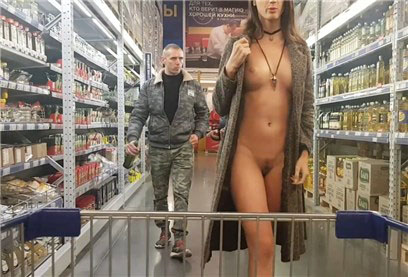 Sexy girl without underwear walks in the supermarket <!-- width=