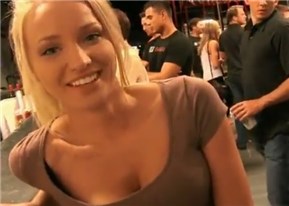 Blonde chick flashing pussy and tits at the bar <!-- width=