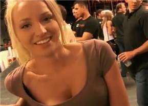 Blonde chick flashing pussy and tits at the bar