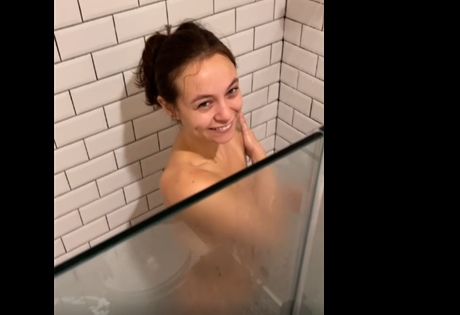 Brunette girl on hidden cam in bathroom <!-- width=