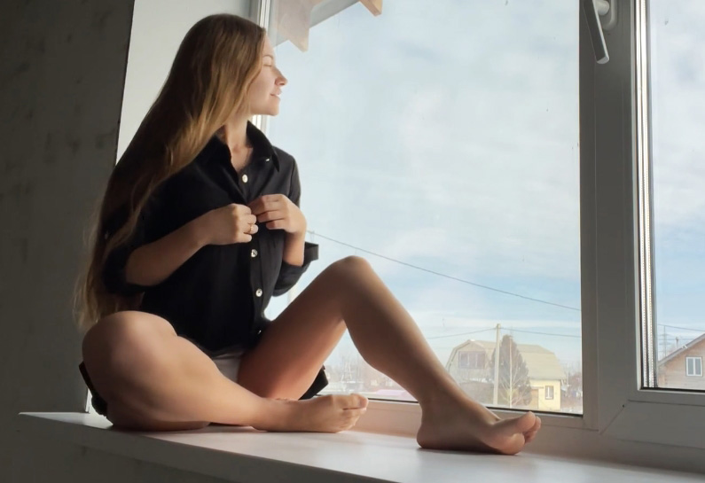 Caressing wet pussy by the window <!-- width=