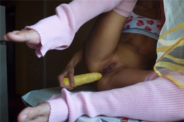 Anal fucksself with  corn on cob <!-- width=