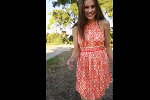 18yo brunette outdoor teases in summer dress <!-- width=