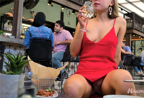 Exhibitionist girl teases in restaurant <!-- width=