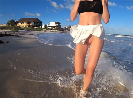 Walking at public beach without panties <!-- width=