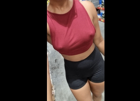 Braless in shopping mall <!-- width=