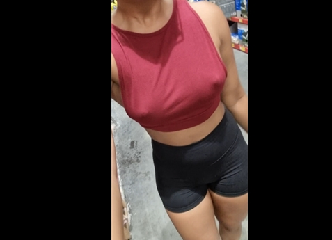 Braless in shopping mall