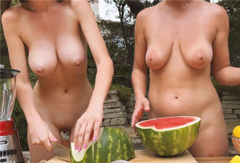 Naked girls making watermelon lemonade <!-- width=