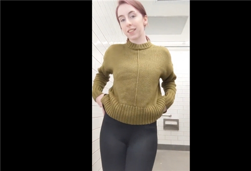 Busty teen strip tease in a public bathroom!