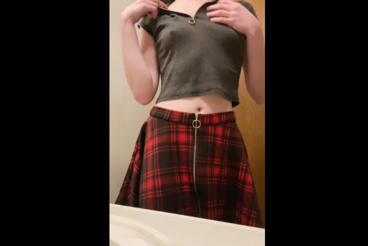Cute schoolgirl undresses after class in toilet <!-- width=