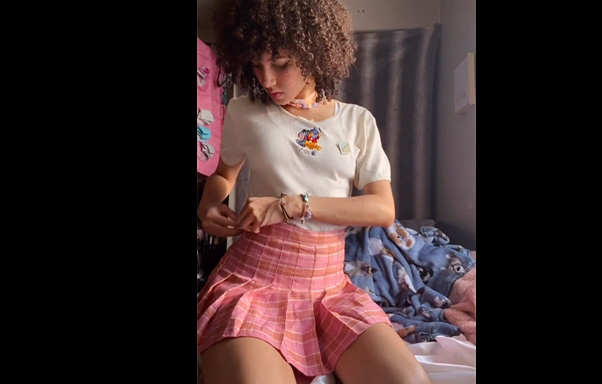 Ebony college chick undresses and masturbates with dildo <!-- width=