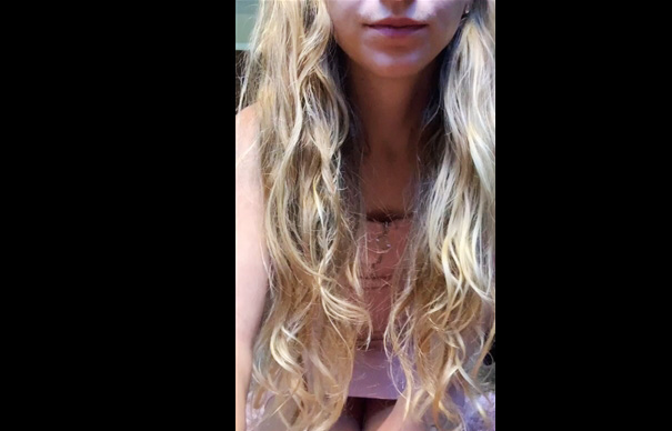 Petite blonde teen plays with shaved pussy <!-- width=