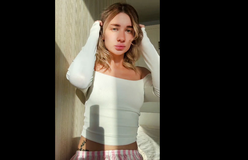 Cute blonde Girl Kira teases with tits and rubs pussy <!-- width=