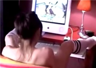 Girl watching porn and masturbating <!-- width=