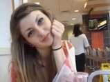 Crazy teen flashing tits and rubs pussy at McDonald&#039;s <!-- width=