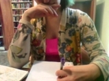College girl plays with nipples at their school library <!-- width=