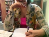 College girl plays with nipples at their school library