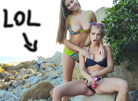 Blonde girl with friend risky masturbates on the beach <!-- width=